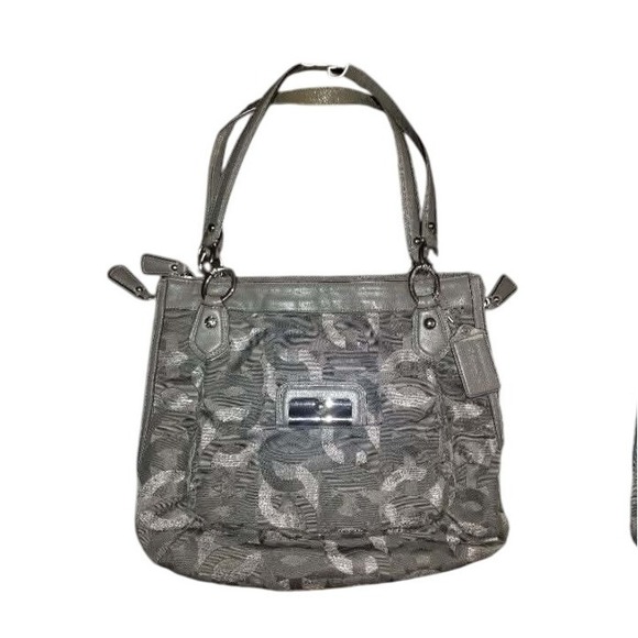 👜 Coach Kristin Signature Op Art Drawstring Tote Handbag Metallic Gray 12934 - Picture 1 of 3